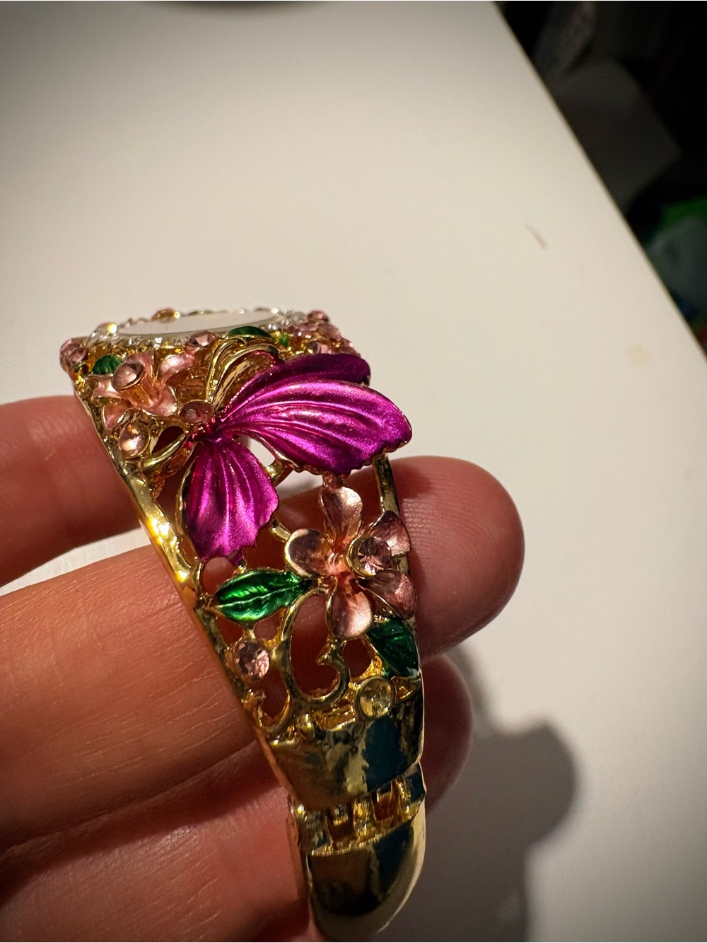 Strada Gold Bracelet Watch with Pink Flowers & Green Leaves - Vintage NWOT - Picture 3 of 4